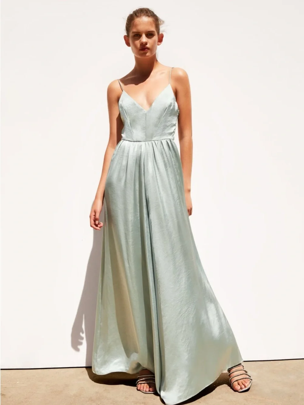 NWT Zara Pale Mint Satin V-Neck Spaghetti Strap Maxi Dress - Picture 1 of 6